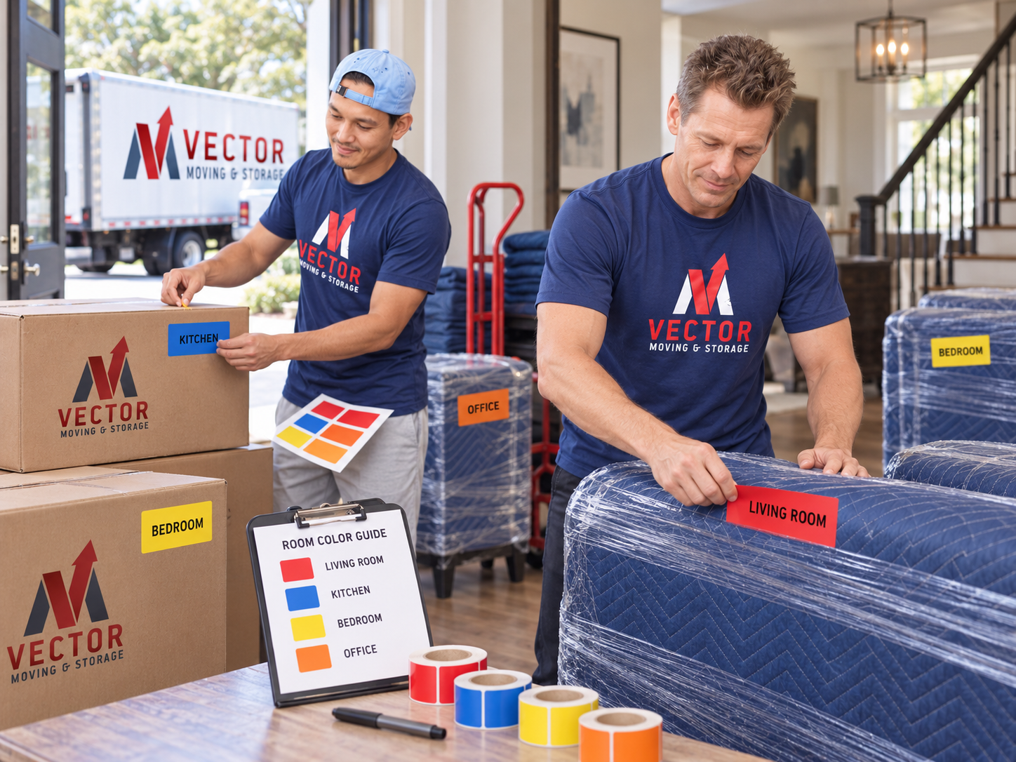moving boxes and furniture color coding