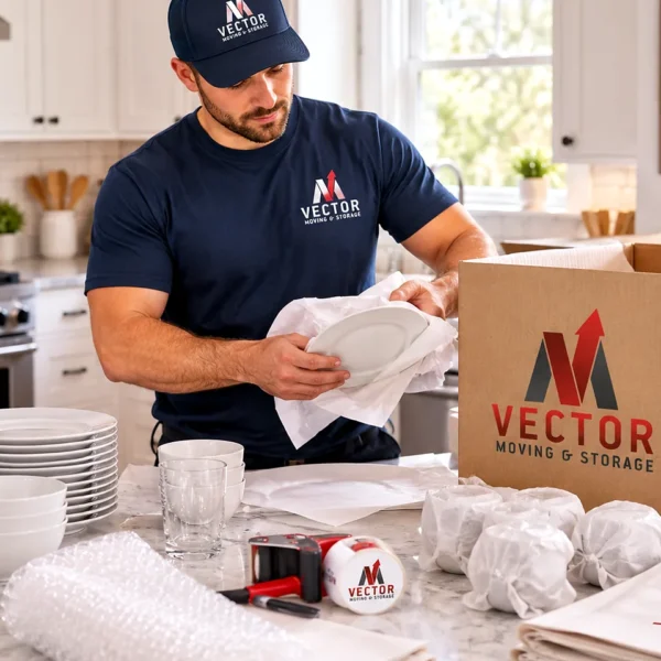 Vector mover wrapping dishes beside a labeled dish-pack box in a kitchen