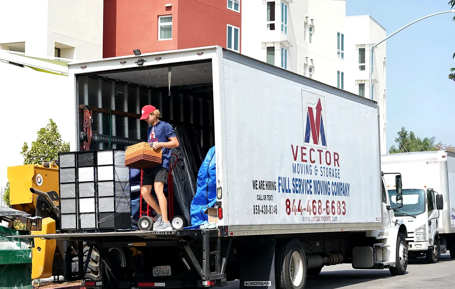 Vector commercial mover handling boxed contents at a branded moving truck