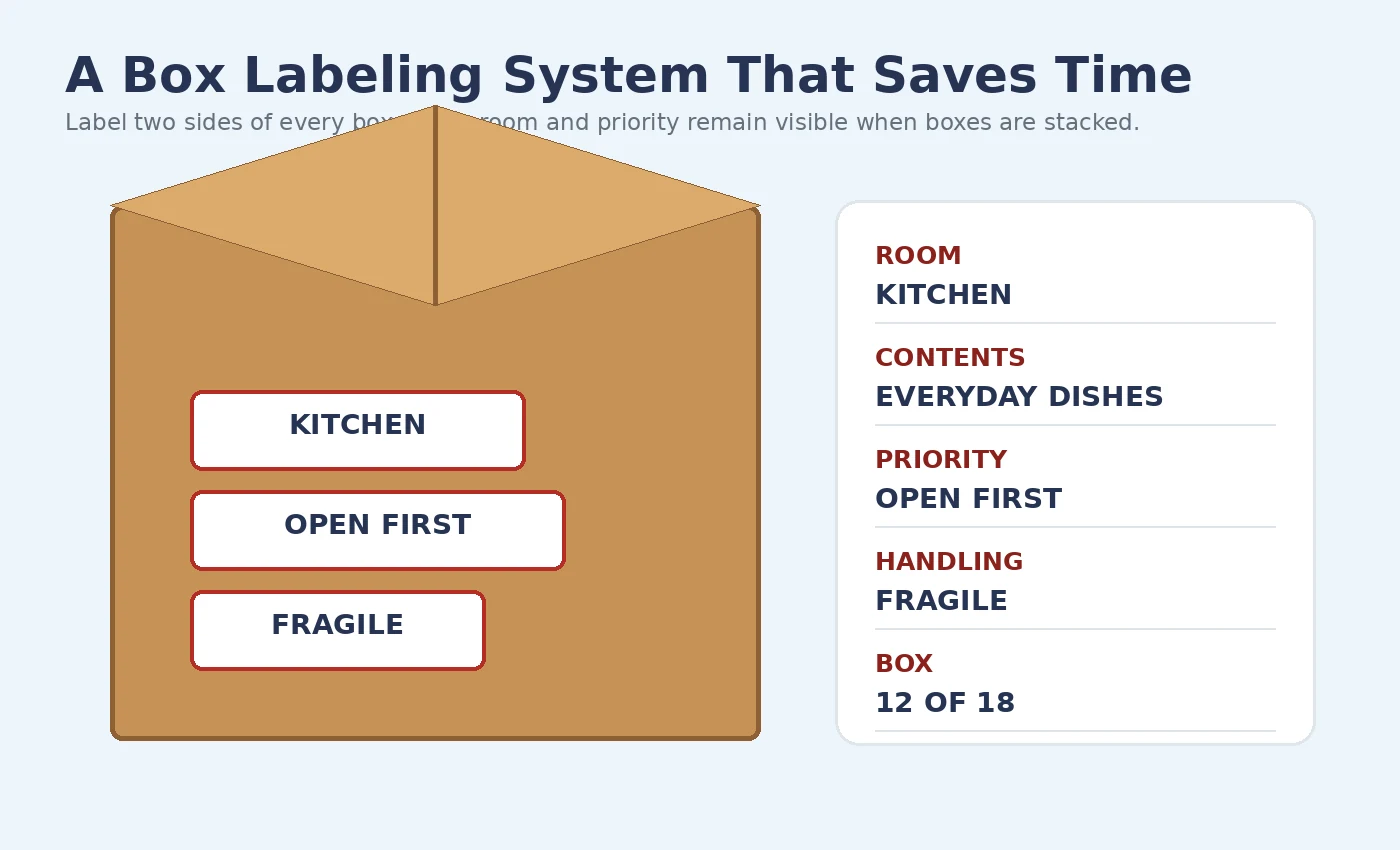 Example box labeling system showing room, contents, priority and fragile handling
