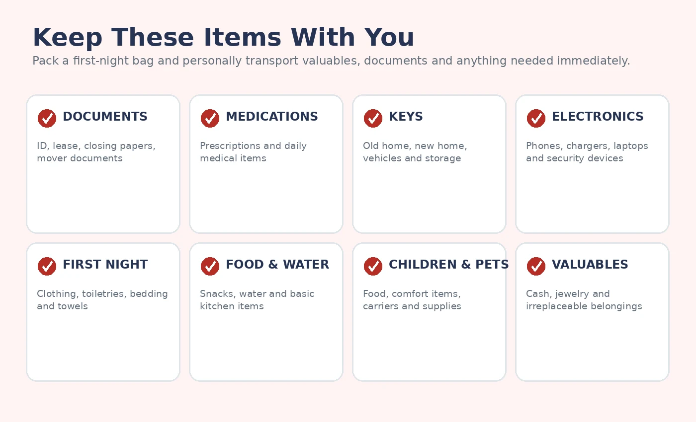 Moving day essentials kit checklist including documents, medications, keys and first-night items