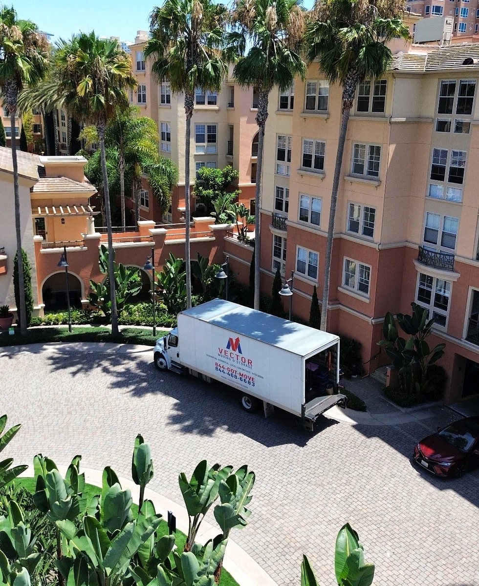 Vector moving truck inside a multi-building residential community