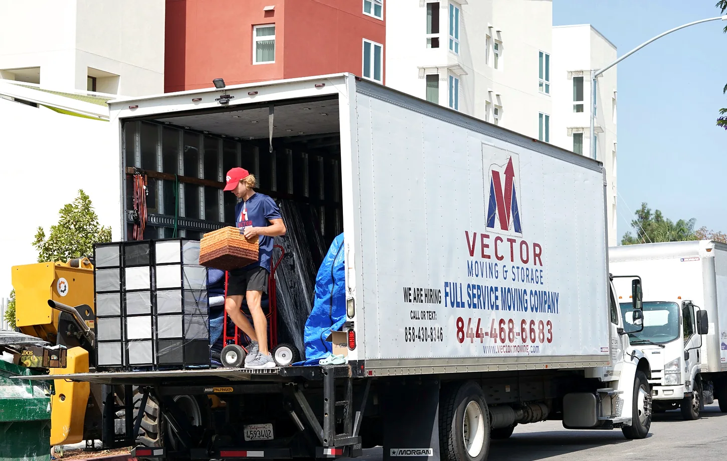 Vector commercial mover handling organized boxed contents at a branded truck