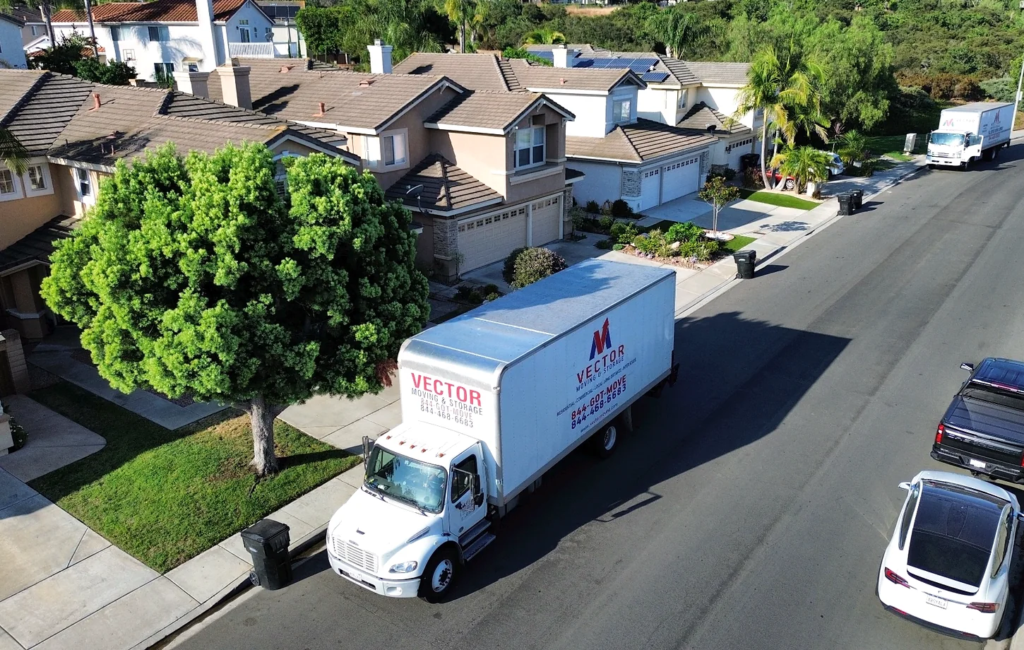Vector moving truck in a landscaped North County residential neighborhood