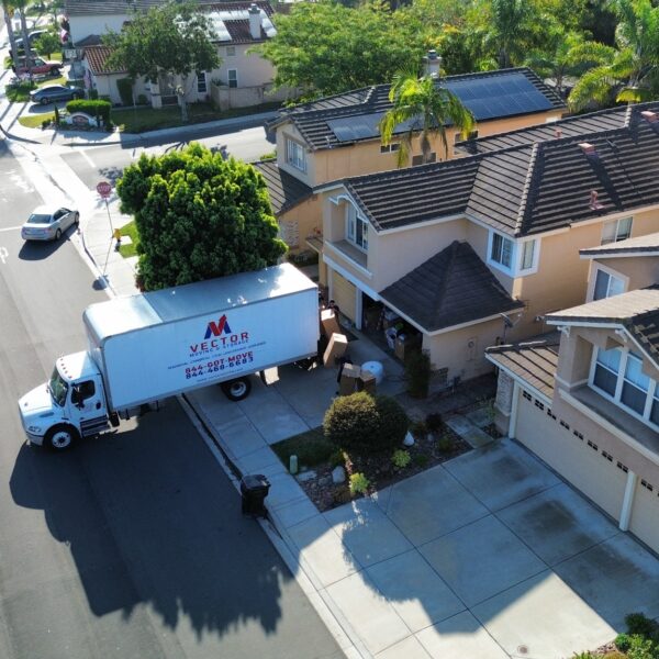 Vector Moving and Storage truck outside a San Diego home before a residential move