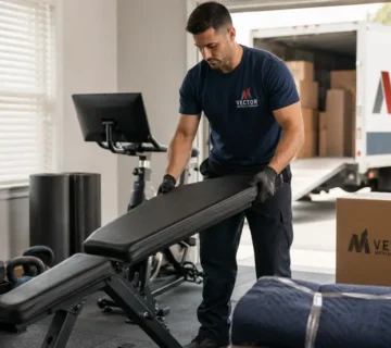 Vector mover preparing home gym equipment for relocation