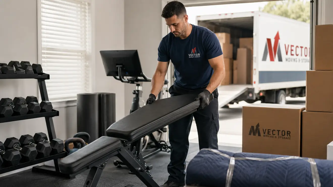 Vector mover preparing home gym equipment for relocation