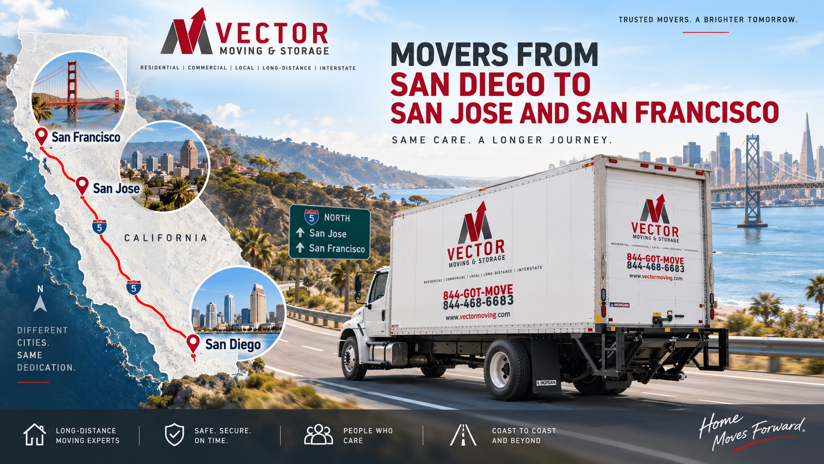 Vector Moving truck with an illustrated route from San Diego to San Jose and San Francisco