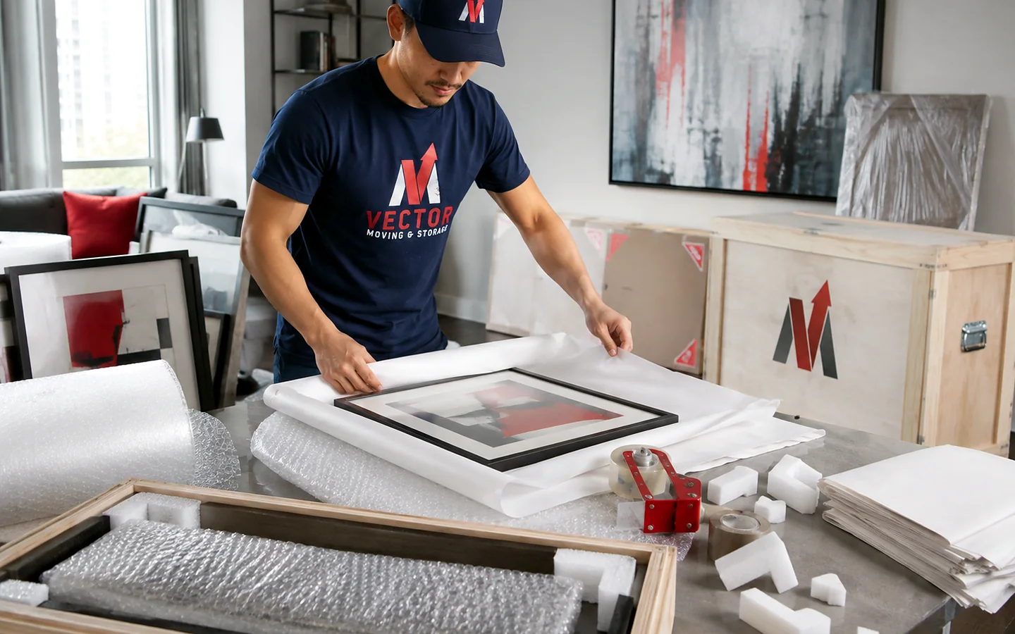 Vector mover preparing framed artwork beside a protective wooden crate