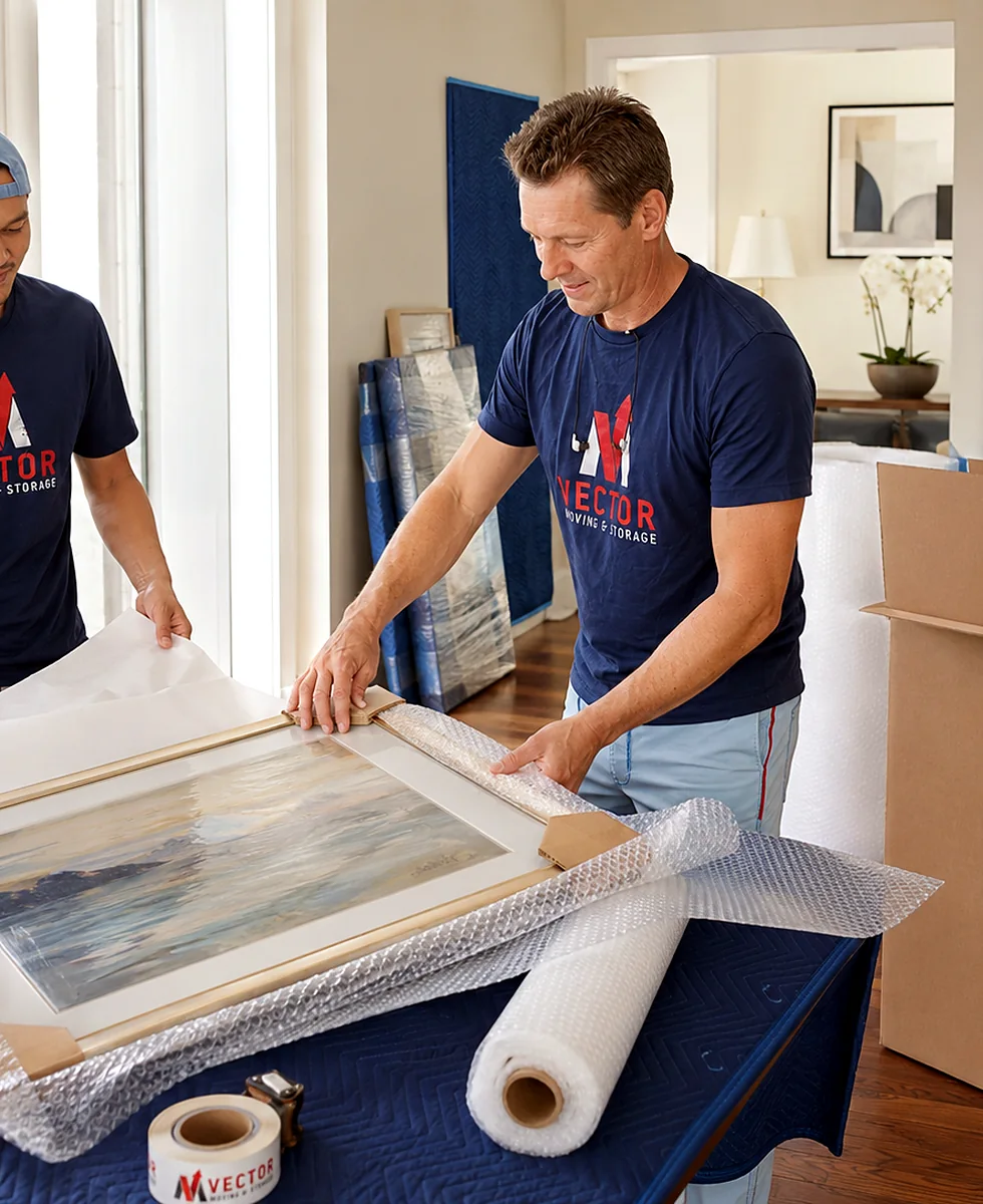 Vector movers preparing a framed painting with protective packing materials