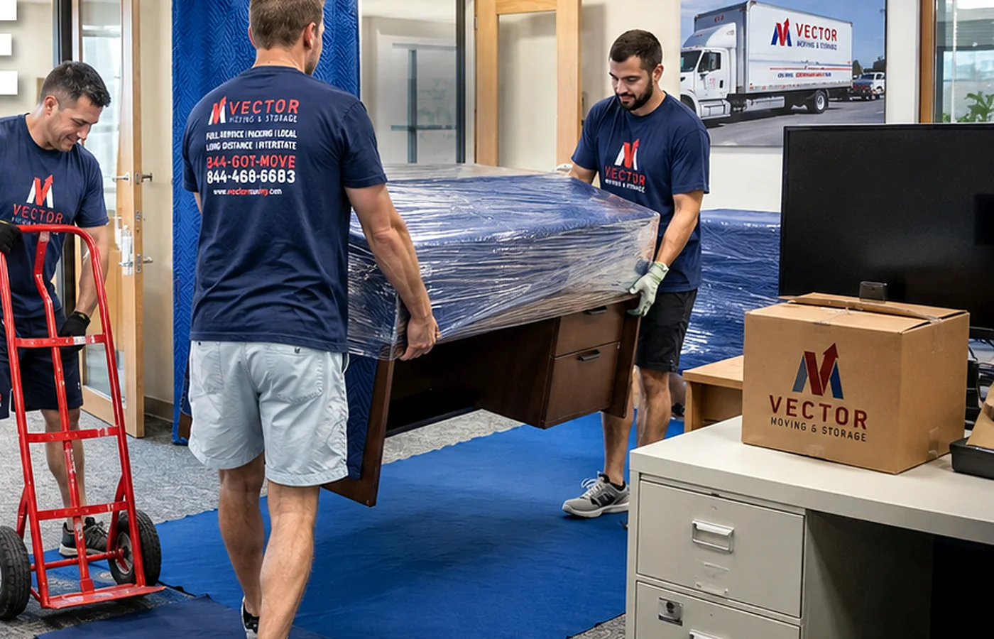 Vector movers transporting a protected office desk through a commercial workspace