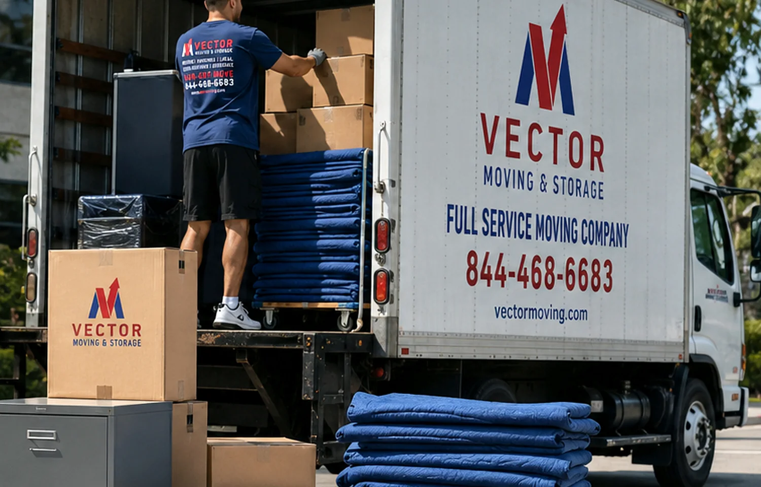 Vector commercial moving crew loading boxed business contents