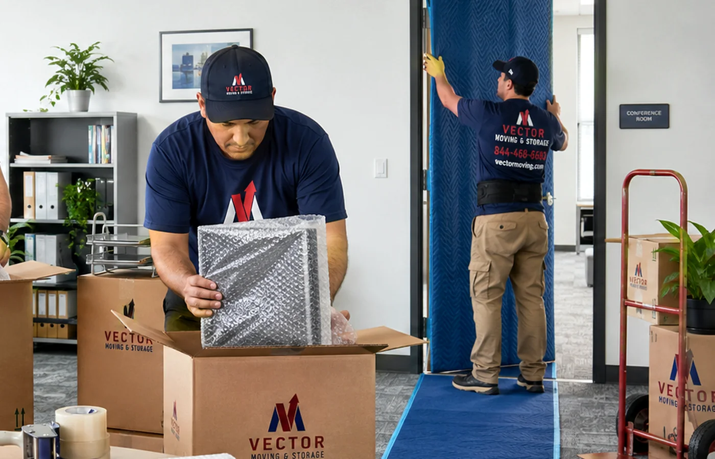 Vector movers packing monitors and office equipment for a San Diego business relocation