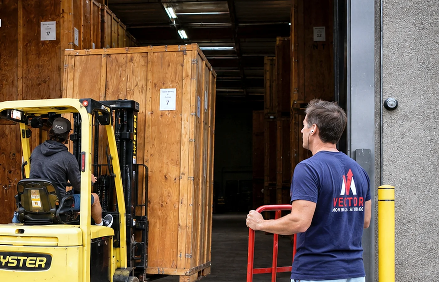 Forklift handling a wooden storage vault for a commercial moving and storage project