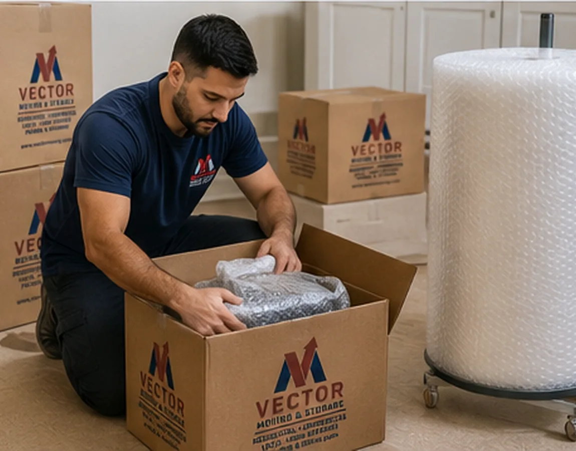 Vector packer cushioning a fragile household item inside a moving box
