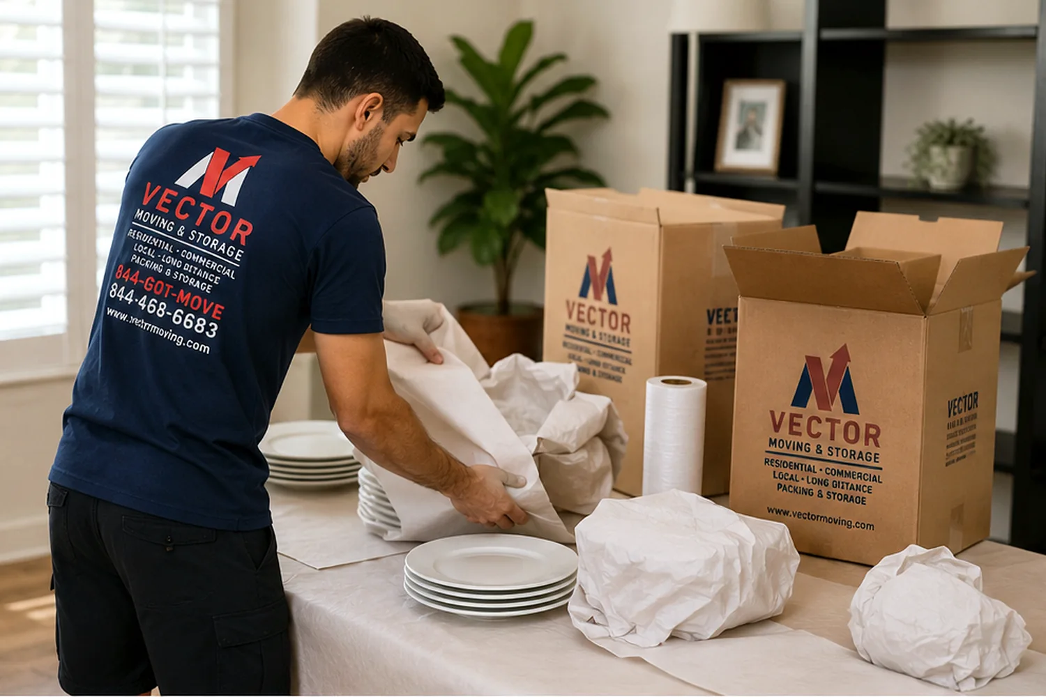 Vector mover preparing dishes and household items during a full packing service
