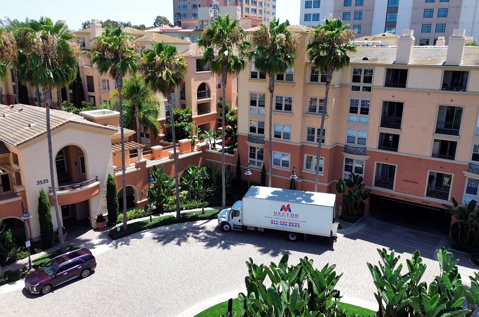 Vector Moving and Storage truck at a managed urban residential building
