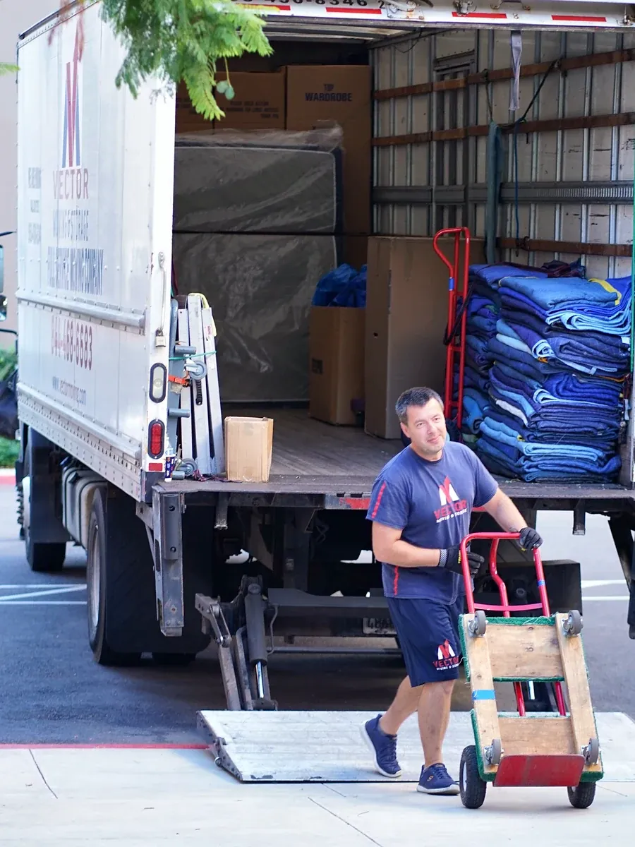 Vector mover with a dolly, moving blankets, and prepared truck