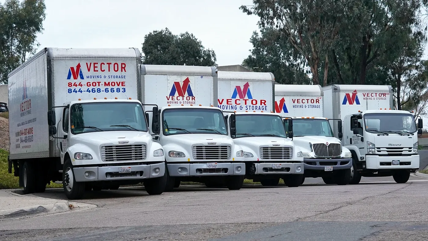 Fleet of branded Vector Moving and Storage trucks