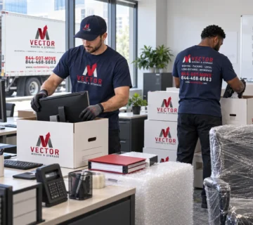 Vector-branded movers packing monitors and office equipment