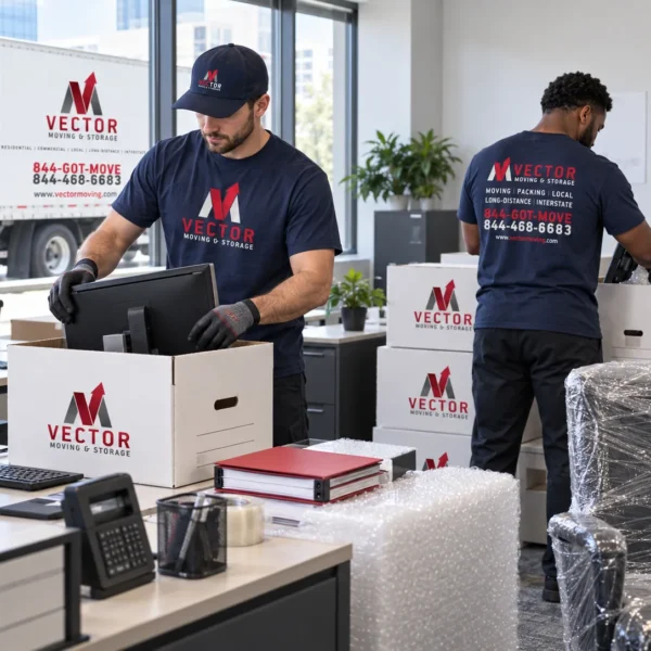 Vector-branded movers packing monitors and office equipment
