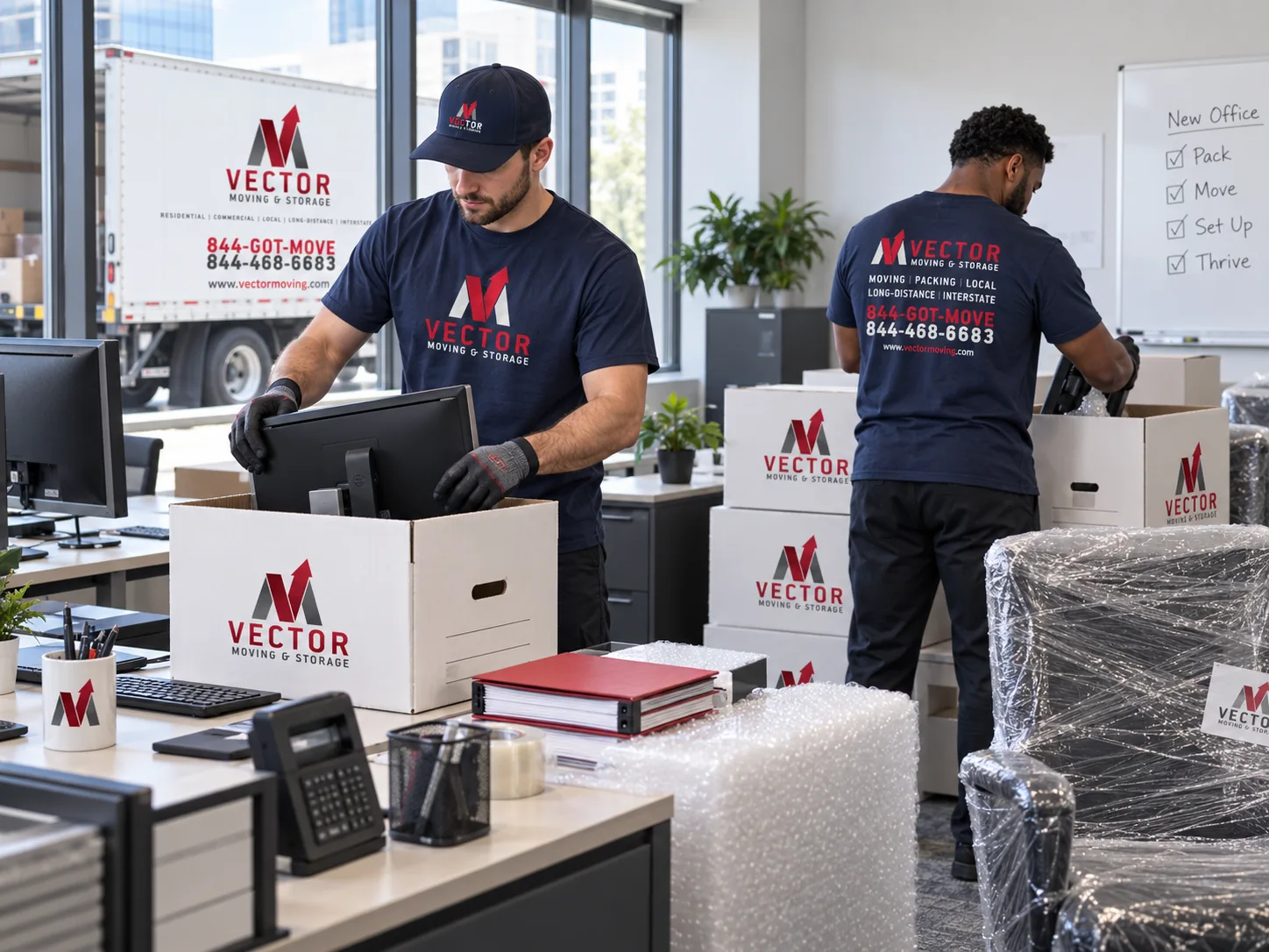 Vector-branded movers packing monitors and office equipment