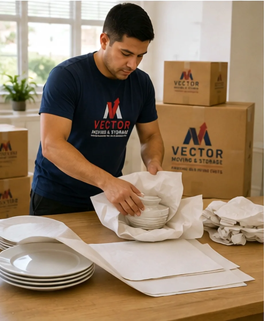 Vector mover professionally packing household items for relocation