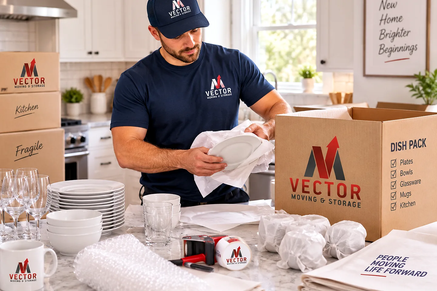 Vector mover wrapping dishes beside a labeled dish-pack box in a kitchen