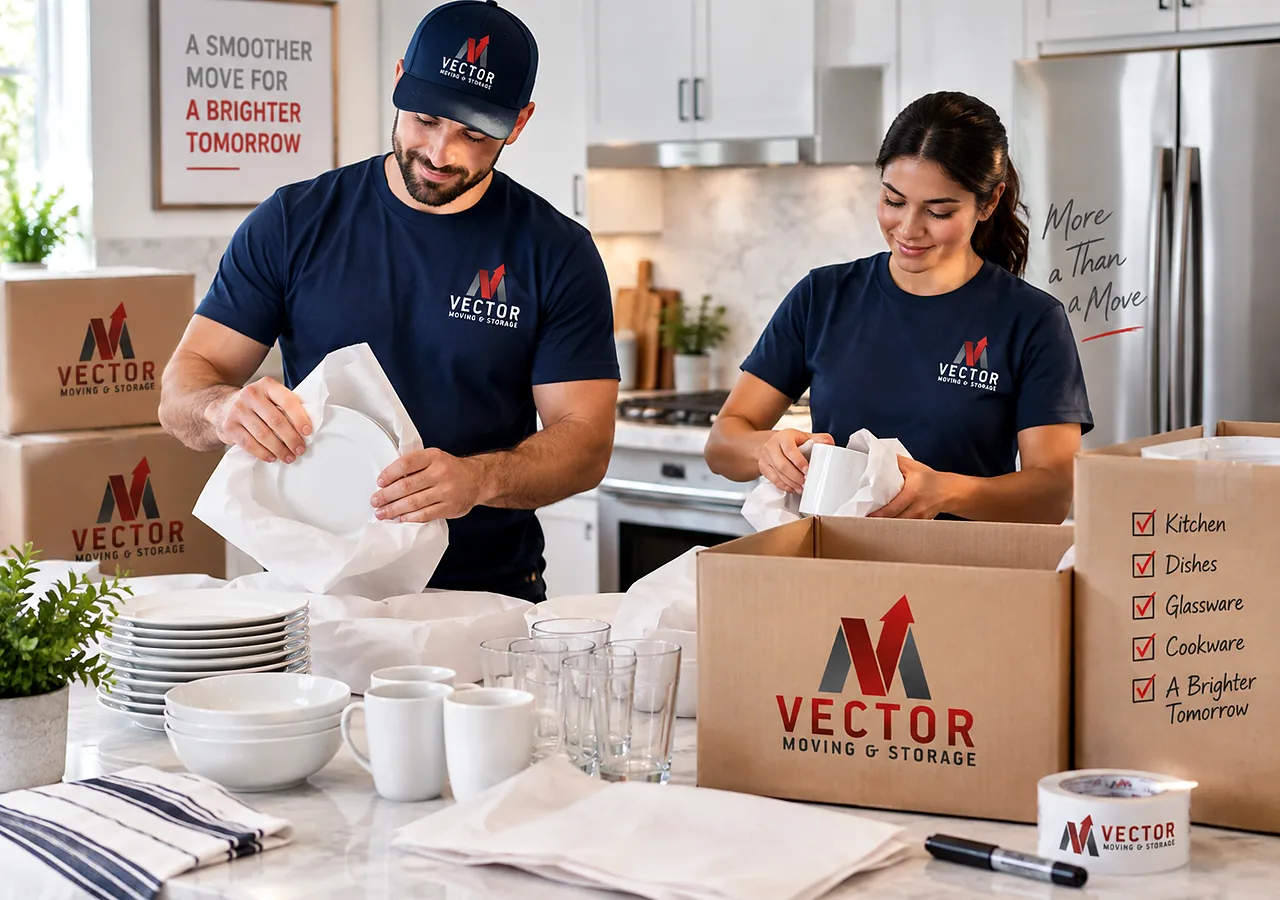 Vector packing team wrapping plates and mugs for a household move