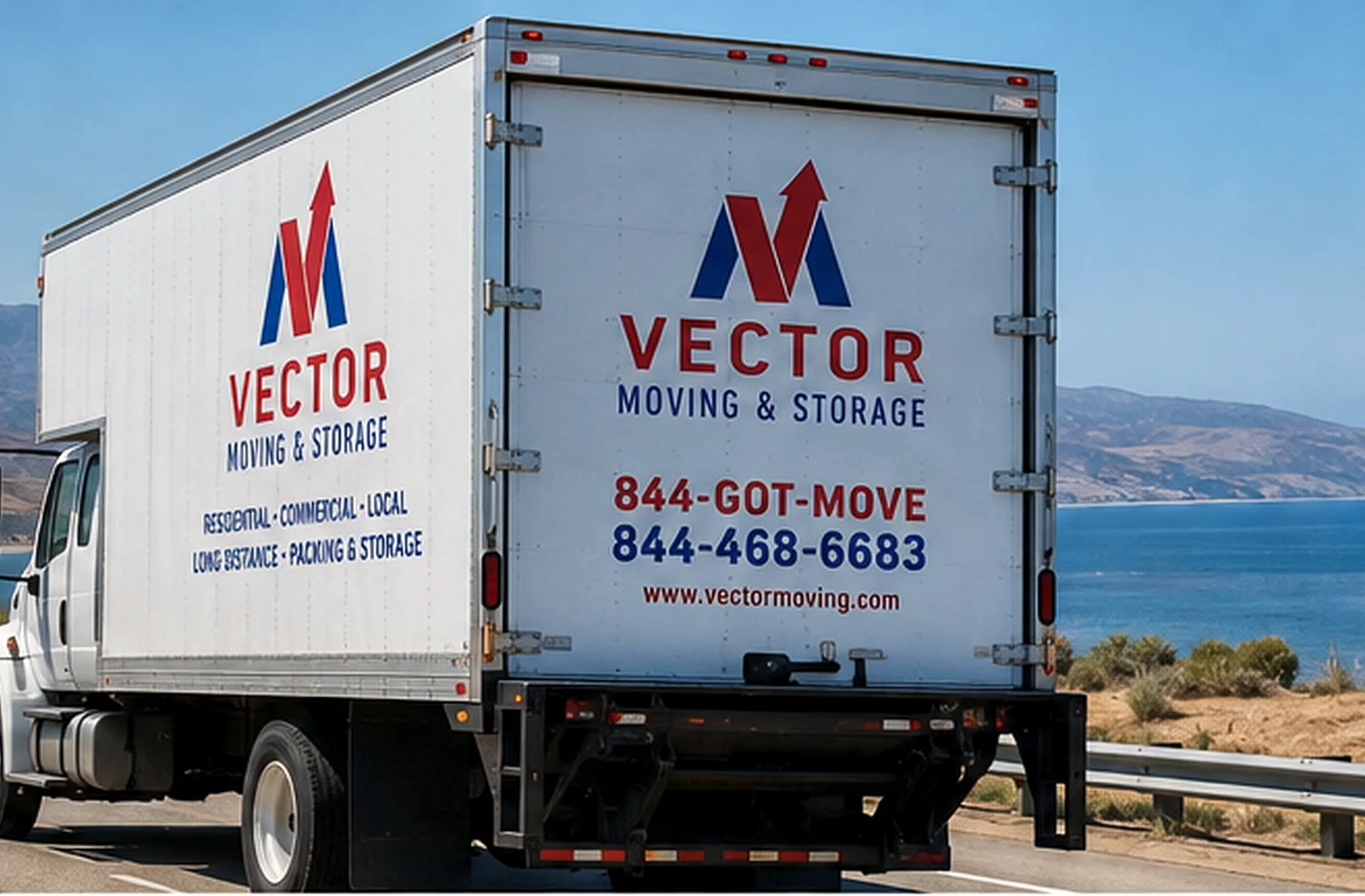 Vector moving truck shown on a long-distance route