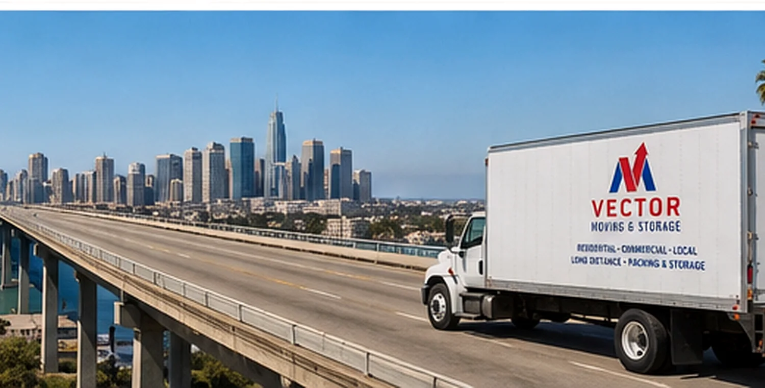 Vector moving truck shown on a bridge toward a city destination