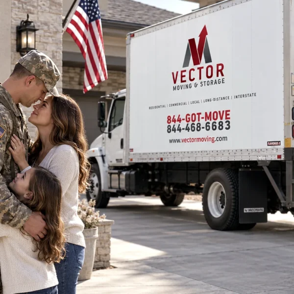 Service member embracing family beside a Vector Moving and Storage truck during a household move