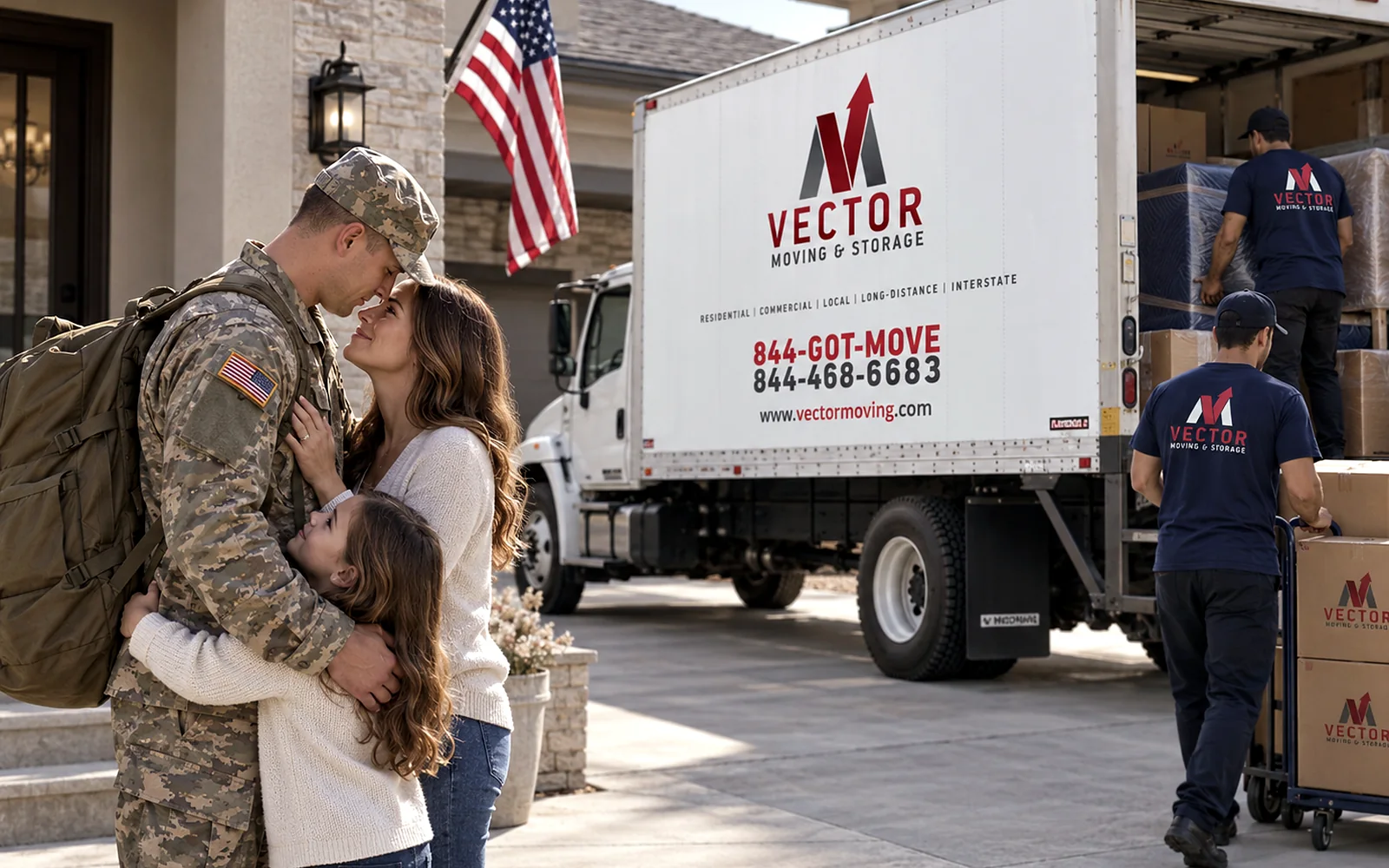 Service member embracing family beside a Vector Moving and Storage truck during a household move