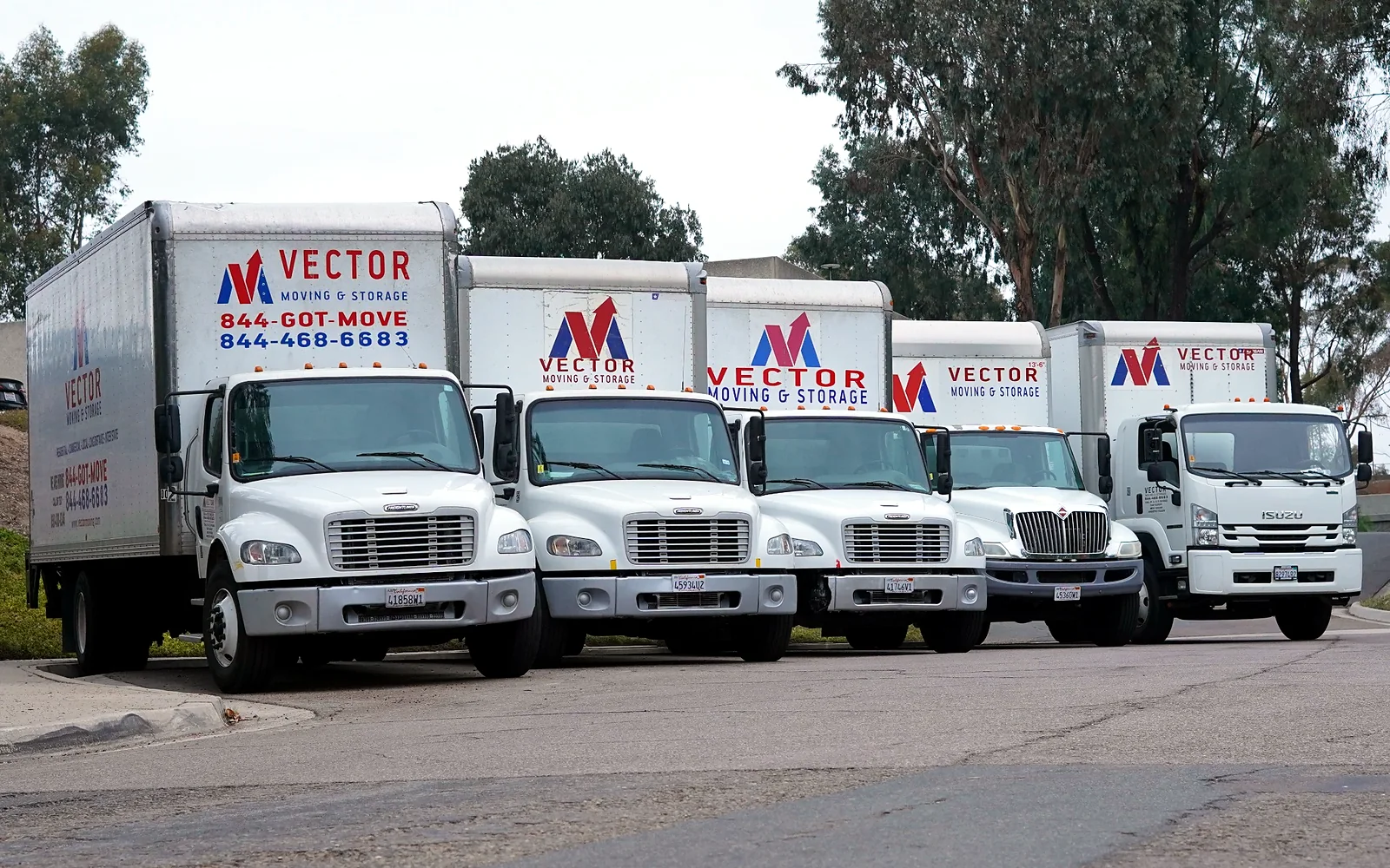 Fleet of branded Vector Moving and Storage trucks in San Diego