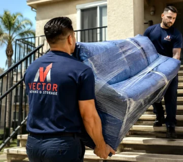 Vector movers carrying a protected sofa down exterior apartment stairs