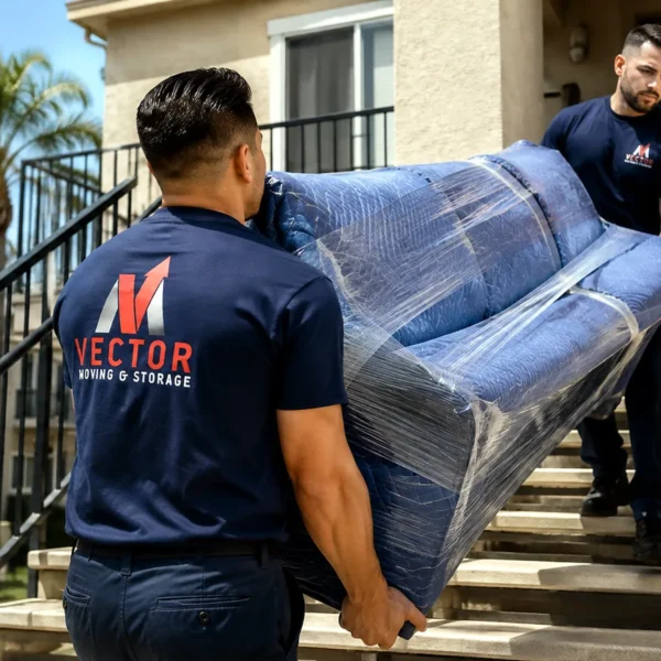 Vector movers carrying a protected sofa down exterior apartment stairs