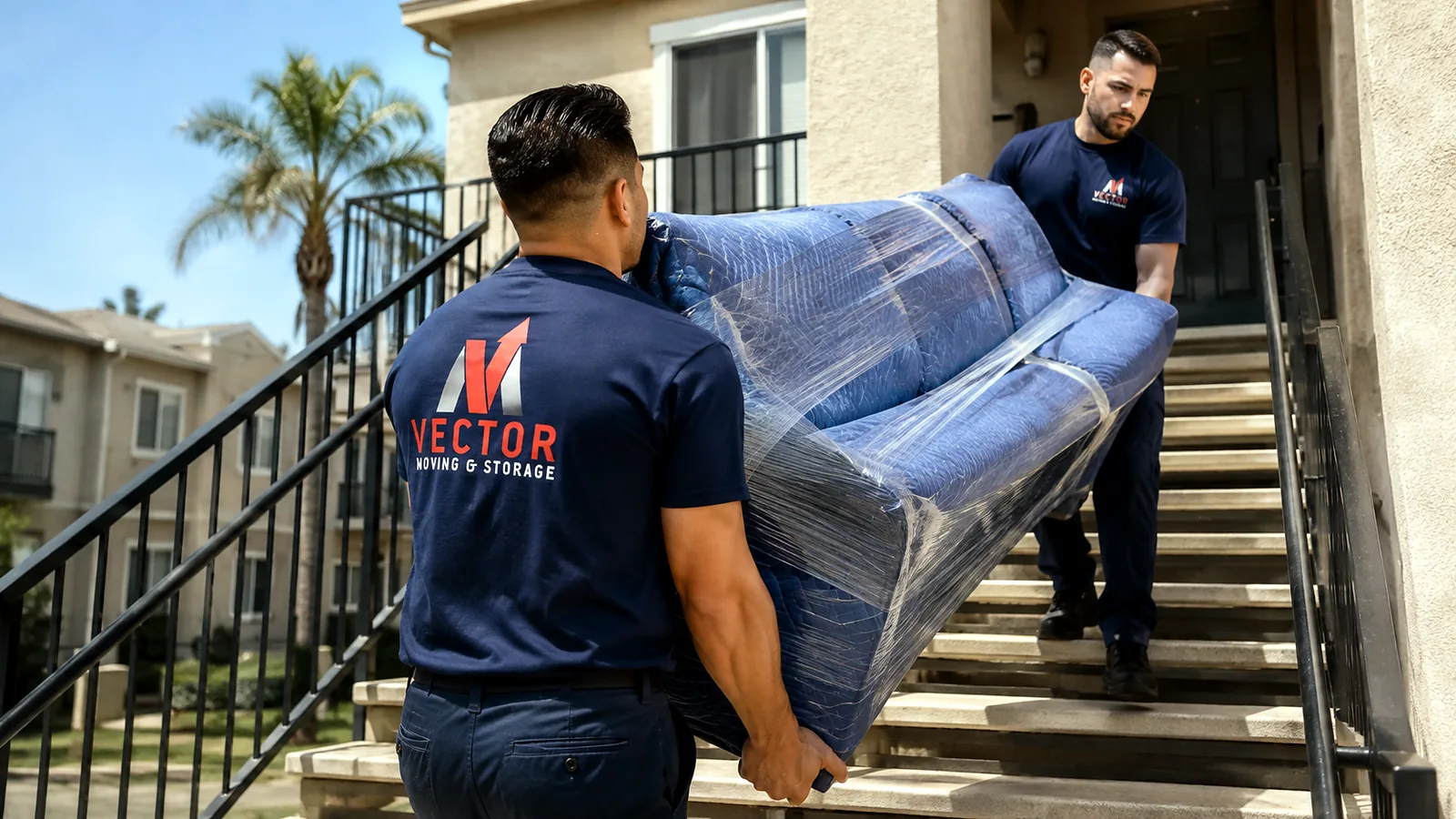 Vector movers carrying a protected sofa down exterior apartment stairs