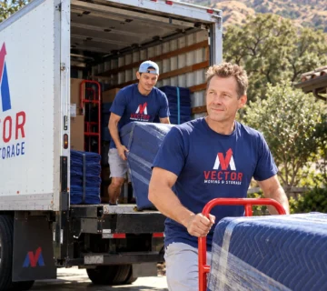 Vector movers unloading protected furniture at a foothill home in Alpine, California