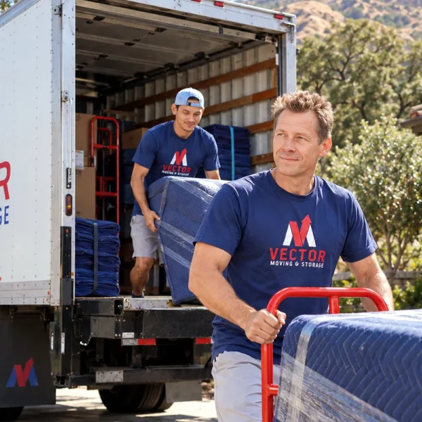 Vector movers unloading protected furniture at a foothill home in Alpine, California