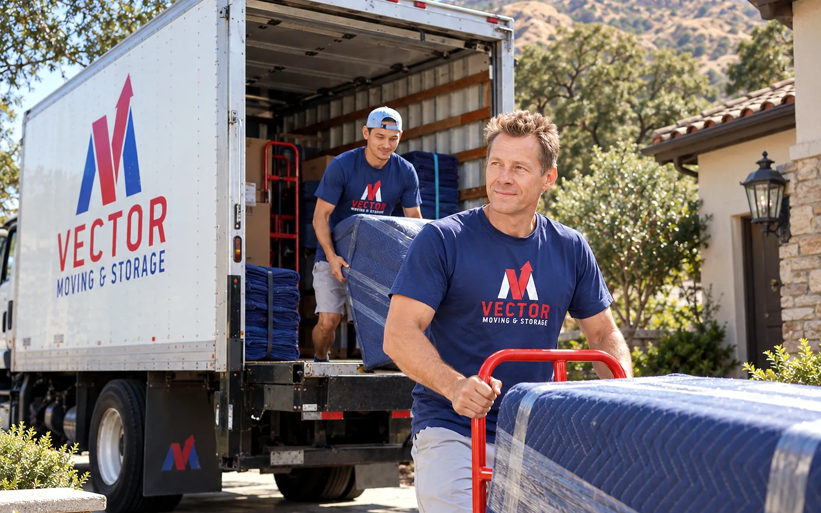Vector movers unloading protected furniture at a foothill home in Alpine, California