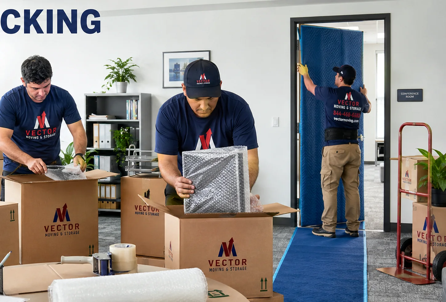 Vector movers packing office contents and protecting a commercial doorway