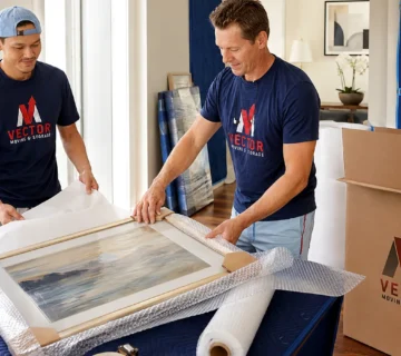 Vector movers documenting and packing a framed painting for a move