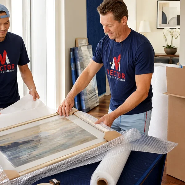 Vector movers documenting and packing a framed painting for a move