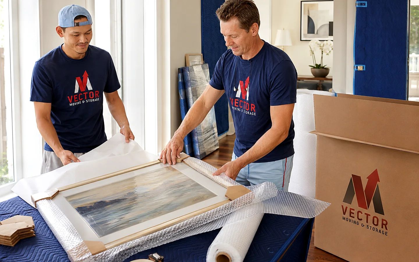 Vector movers documenting and packing a framed painting for a move