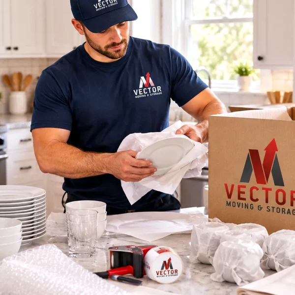Vector mover packing household items at a kitchen work surface