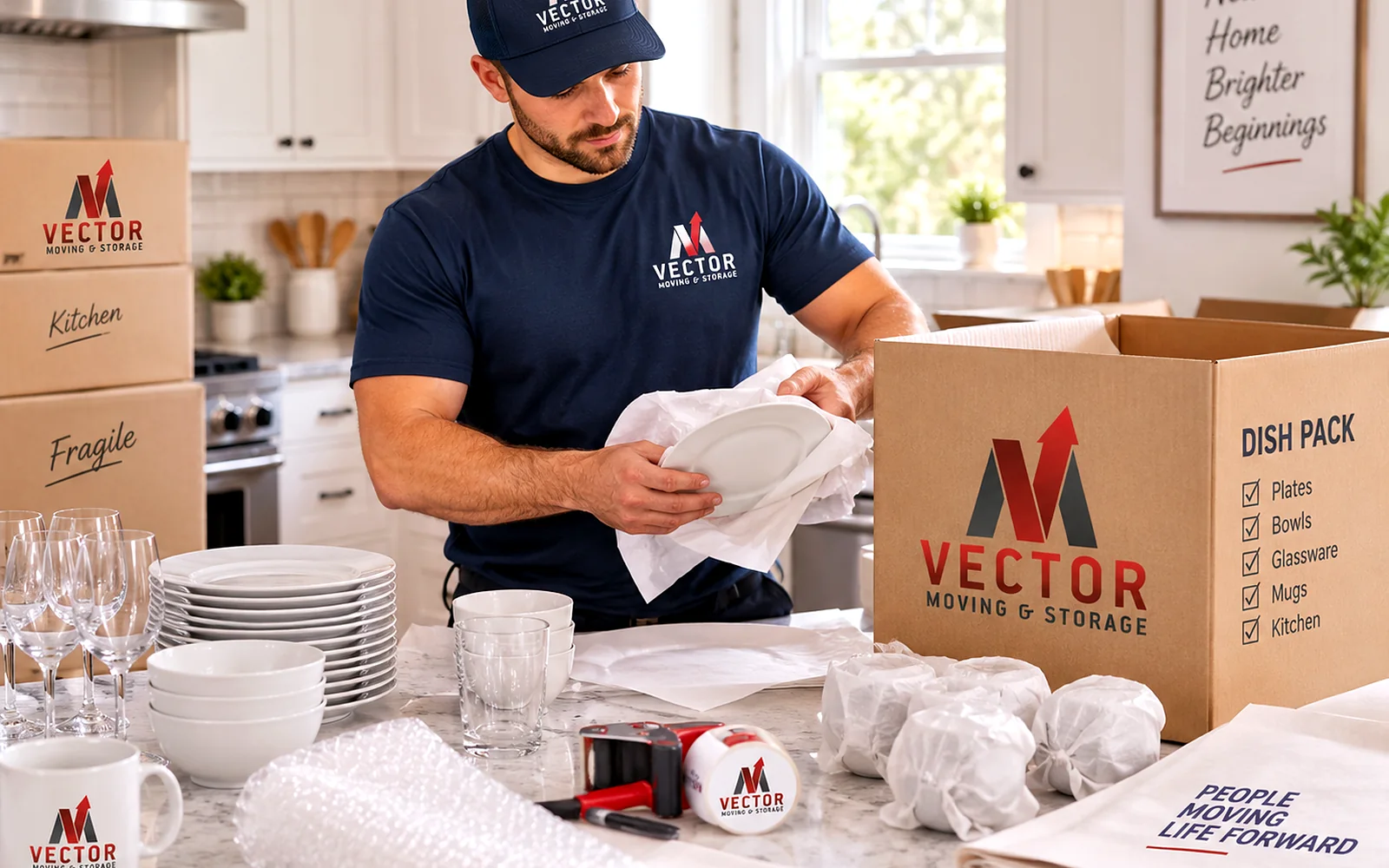 Vector mover packing household items at a kitchen work surface