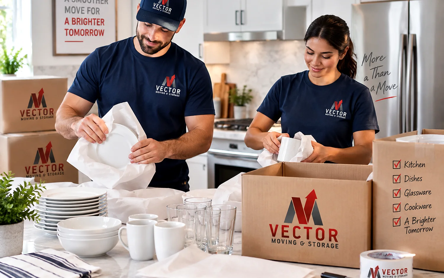 Vector packing team preparing kitchen belongings in labeled moving boxes