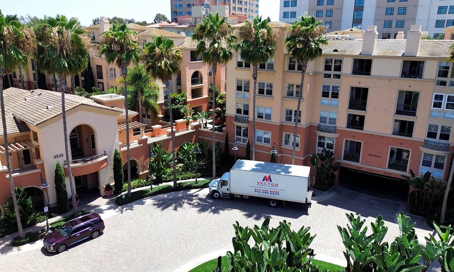 Vector moving truck positioned at a residential property