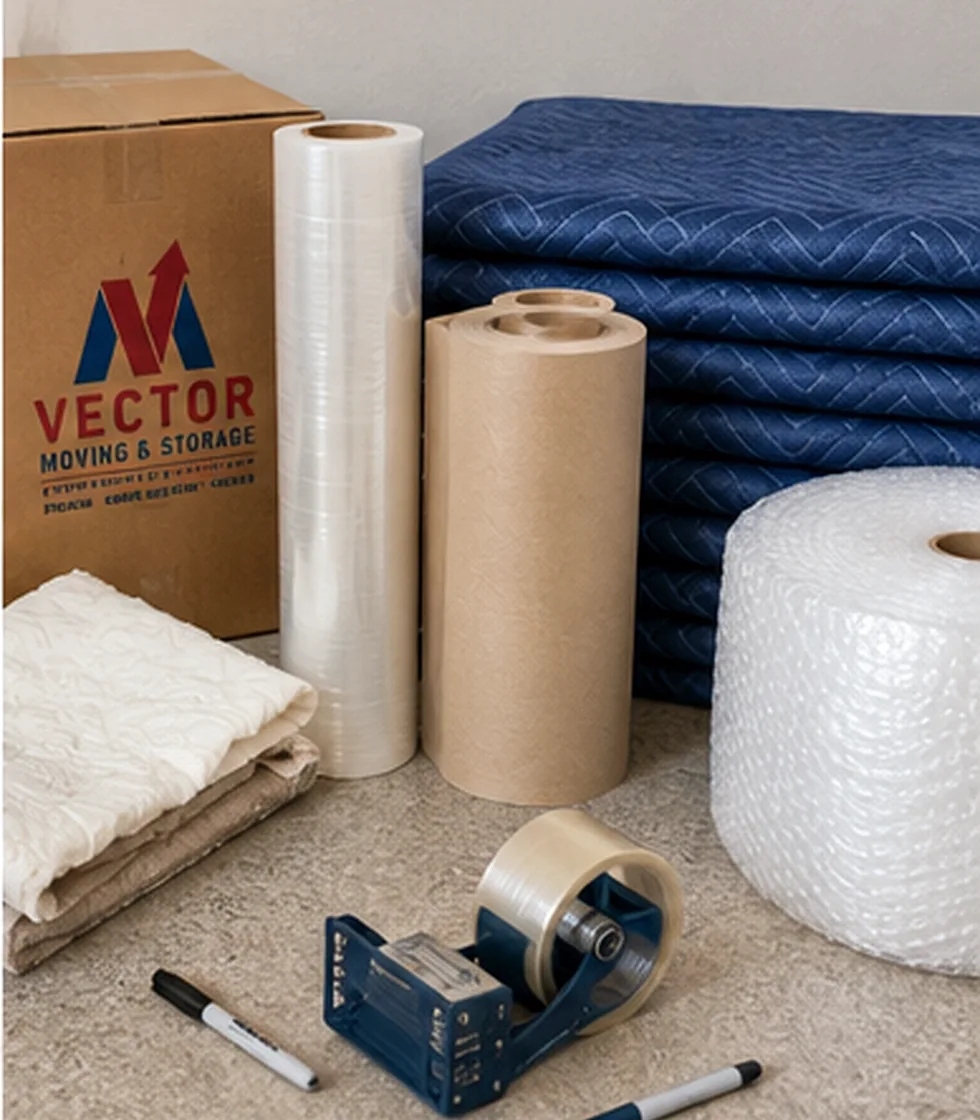 Moving boxes, packing paper, stretch wrap, bubble wrap and moving blankets