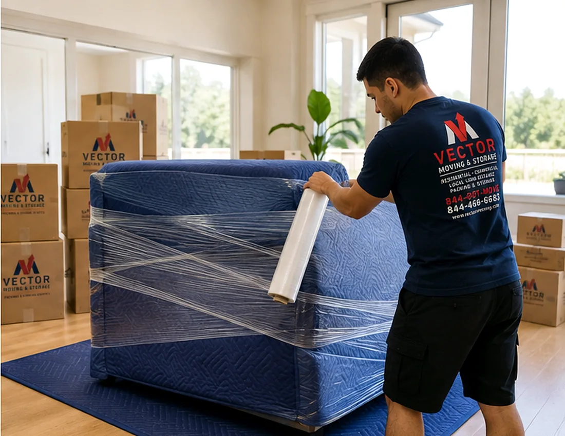 Vector mover wrapping upholstered furniture with a moving blanket and stretch wrap